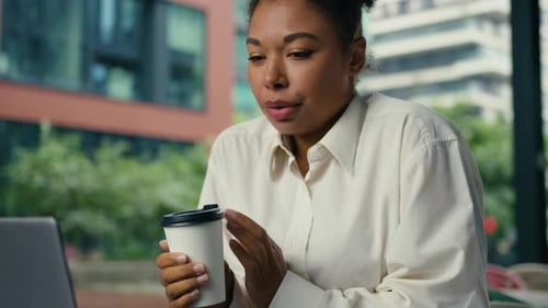 Sad African American Business Woman Working Laptop Feeling Cold Low Temperature Weather Holding Cup