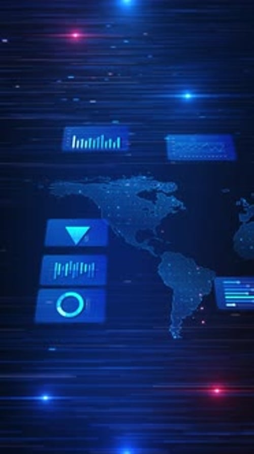 Global World Map Digital Data Charts and HUD Elements Data Panels Bar Charts Circular Infographics