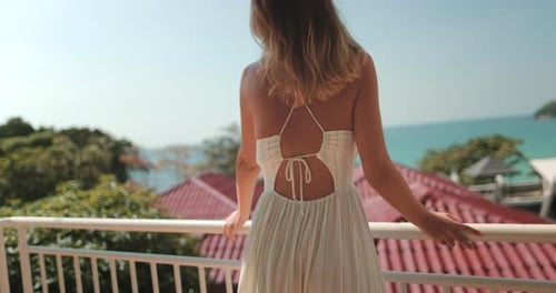 Close Up Woman Walk on Balcony Enjoy Ocean View