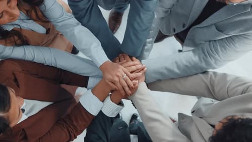 Business people, hands together or meeting with applause above for team success or unity in office