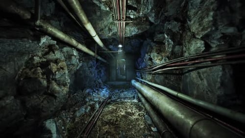 Exploring an Underground Bunker with Pipes and Rocky Walls During Low Light