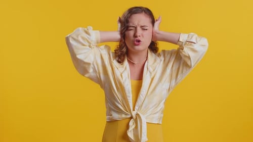 Annoyed Irritated Young Woman Covering Ears Gesturing No Avoiding Advice Ignoring Noise Loud Voices