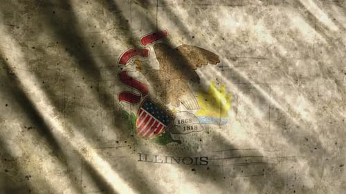 Distressed Grunge Illinois State Flag Waving with Sunbeams