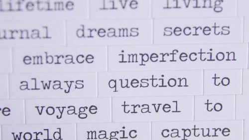 Close up image of multiple words on paper tiles. "Embrace imperfection" is centered. The focus shift