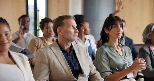 Seminar, audience and question with business people at event for broker workshop