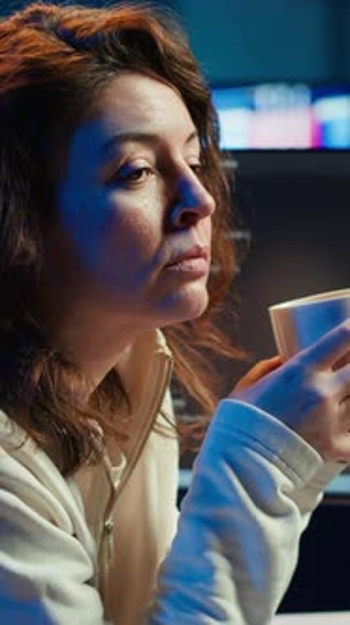 Vertikales Video Fröhlicher IT-Mitarbeiter mit Kaffeetasse und Debugging-Code