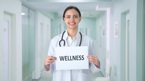 Female Doctor Holding Wellness Sign in Hospital