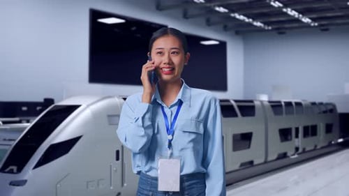 Young Woman Talking on Phone Near Modern Train