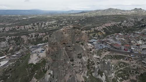 Aerial view of Uchisar Castle in Uchisar old town, Cappadocia, Turkey.