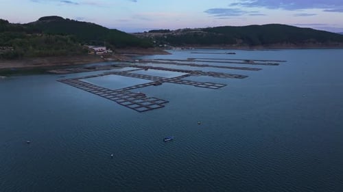 Aerial view of kardzhali reservoir with fish farm, Bulgaria.