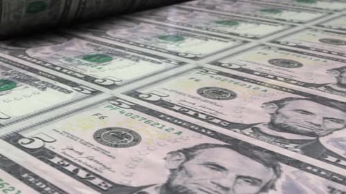 5 Dollar Bills On Money Printing Machine
