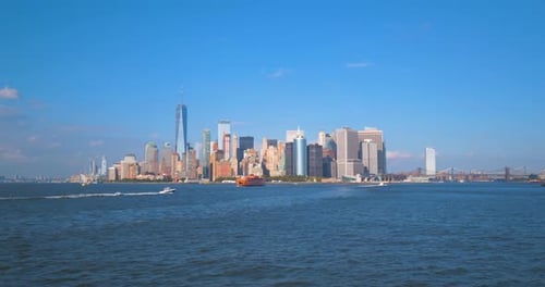 Beautiful New York City NYC Skyline From River Aerial