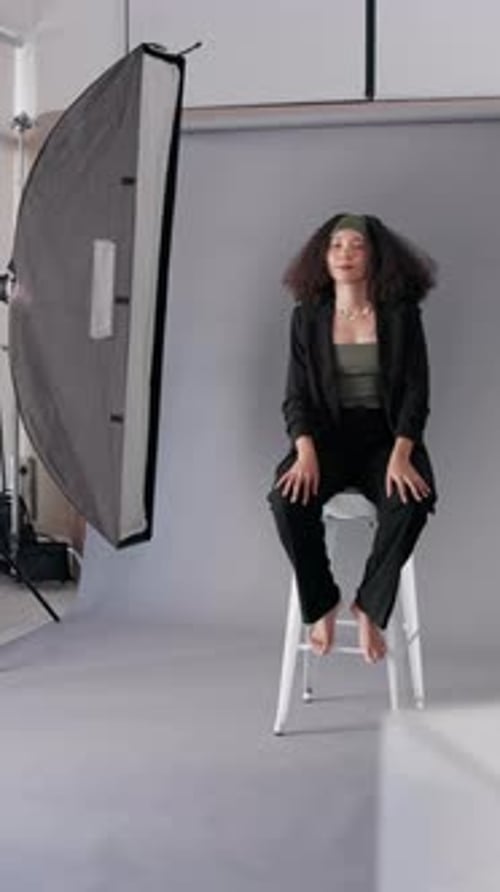 Woman, model or lighting with photographer for fashion photoshoot, catalog or magazine at studio