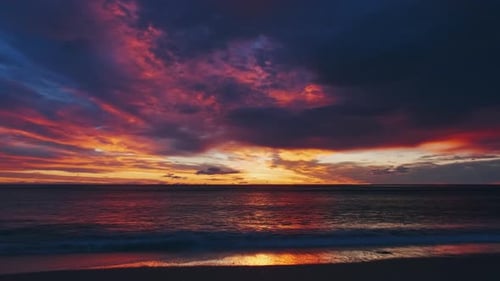 Beach Landscape After Sunset with Vibrant Red and Orange Sky