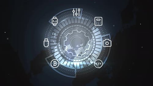Futuristic Global Digital Network HUD with Spinning Technology Icons