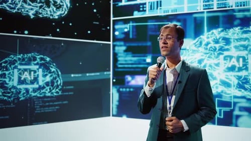 Presenter Talks with Spectators at AI Convention Bringing Together Specialists