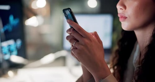 Hands, phone and trading in office with finance, chat and typing for review with graphs