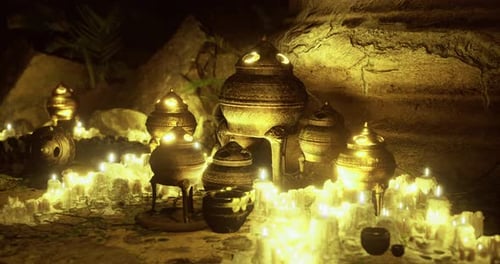 Collection de poteries anciennes illuminée par la douce lumière des bougies dans une grotte