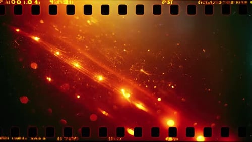 Retro Film Strip Overlay with Glowing Particles and Light Leaks