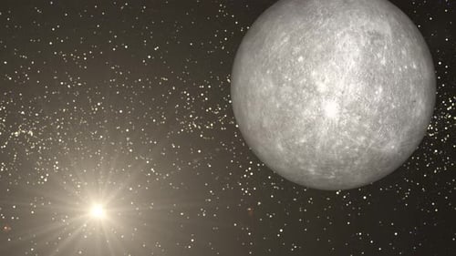 Rotierender Quecksilberplanet, Kugelgalaxie im Weltraum mit Sonnensystem, Video zu Wissenschaft und Technologie. 1439