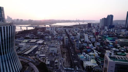 Fly towards Han river in Seoul, South Korea