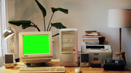 Retro Pc Computer Gaming Desktop Vintage with Loading Code Console Programmer Making Scripts Green