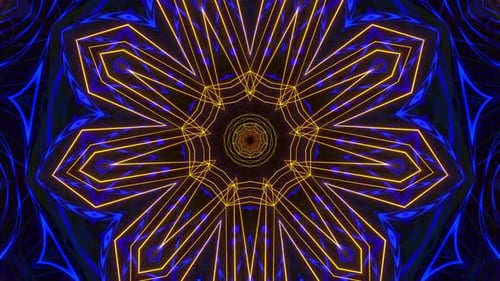 Very colorful and intricate design with blue background. Kaleidoscope VJ loop