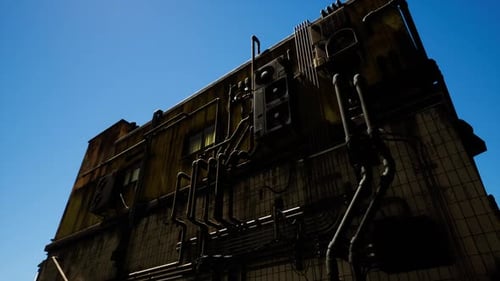 Industrial Building with Exposed Pipes Under a Clear Blue Sky on a Sunny Day