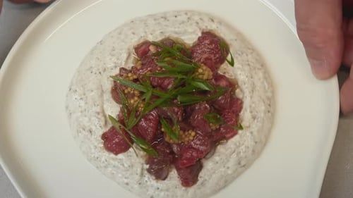 Top View of the Readytoserve Restaurant Tartare of Raw Veal with Dressing Close Up