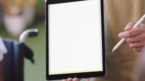 Tablet planning, screen meeting and man doing a presentation of a creative website on technology to