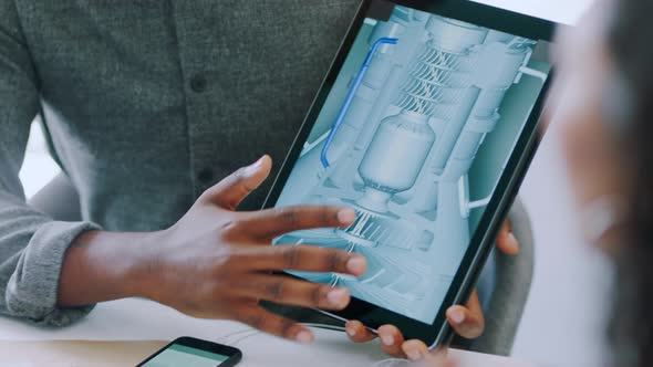 Engineering, tablet design and hands of team work on interactive ui ...