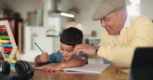 Homework, math and grandfather help child for learning, studying and teaching