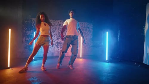 Dancers Dancing in Studio Attractive Black Woman and Man Fulllength Shot Pair of Dancers Immersed in