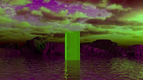 Porte vert vif s'ouvrant dans un paysage aquatique surréaliste