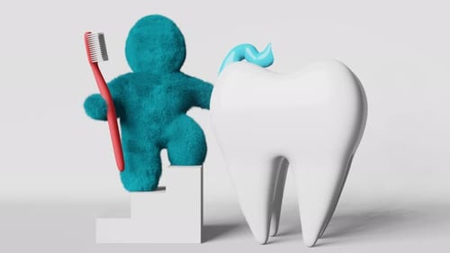 Cute turquoise fur Yeti brushing white healthy tooth with toothpaste Creative 3D animation loop 4K