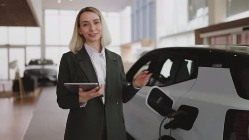 Woman Presents Electric Car in Showroom