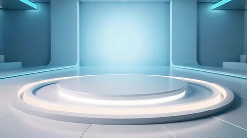 Futuristic Virtual Studio Stage with Glowing Blue Podium Background