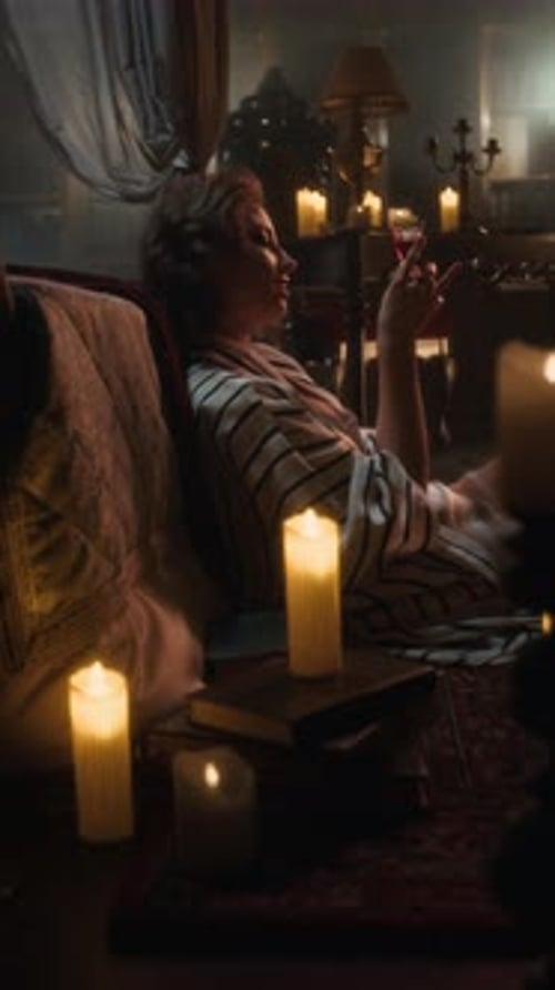 Vampire Woman Relaxing on Floor Holding Glass of Blood