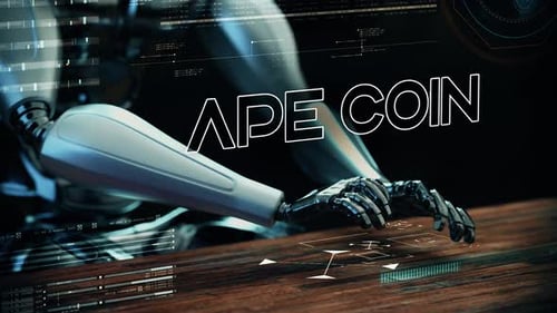 APE Coin Text Animated With Ai Robot Businessman Typing On A Futuristic Keyboard