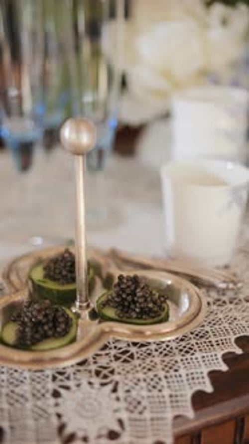 Caviar Appetizers on Silver Tray with Lace and Porcelain Cups