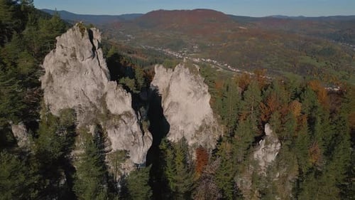 Aerial View of Rocky Cliff and Forest in Autumn
