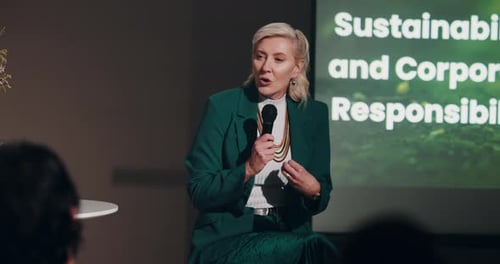 Speech, sustainability and summit with woman at seminar for conference, environment and expo