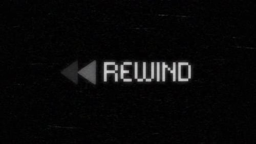 Retro VHS Rewind Interface with Glitch Effect and Analog Static Display