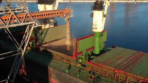 Aerial of Wheat Loading to Bulker Ship Cargo Hold at Sea Grain Elevator in Sea Port Wheat Pouring