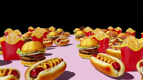 Animated 3D Fly-Through of Hamburgers, Hot Dogs, and Fries