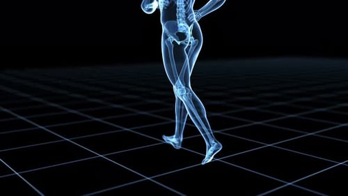 Human skeleton running in a digital space with motion blur effect