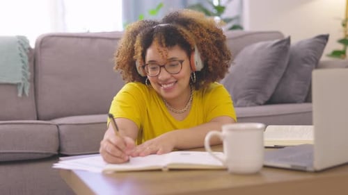 Headphones, laptop and woman studying with music for college test, exam