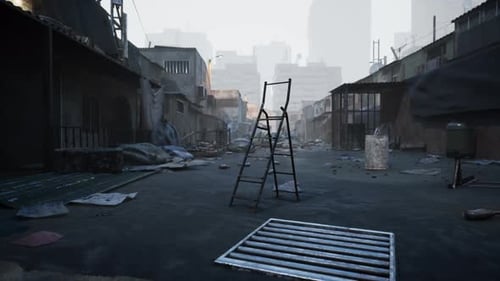 Abandoned Urban Alley with Discarded Items and a Ladder on a Foggy Morning