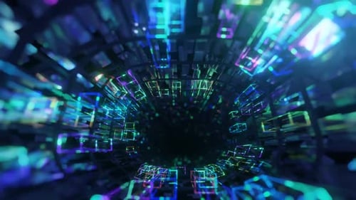 Leuchtende Neonwürfel bilden einen futuristischen digitalen Tunnel