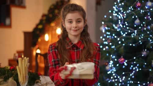Young Girl Holding Gift at Christmas Indoors